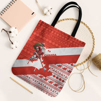 Canada Christmas Tote Bag with Santa Playing Hockey Maple Leaf Flag and Red White Knit Pattern Design - Wonder Print Shop