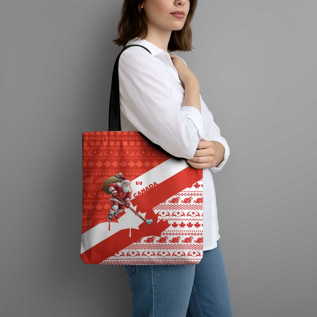Canada Christmas Tote Bag with Santa Playing Hockey Maple Leaf Flag and Red White Knit Pattern Design - Wonder Print Shop