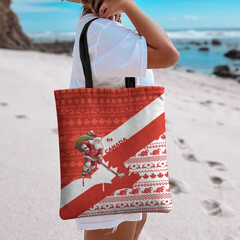 Canada Christmas Tote Bag with Santa Playing Hockey Maple Leaf Flag and Red White Knit Pattern Design - Wonder Print Shop