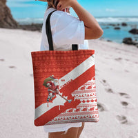 Canada Christmas Tote Bag with Santa Playing Hockey Maple Leaf Flag and Red White Knit Pattern Design - Wonder Print Shop