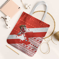 Canada Christmas Tote Bag with Santa Playing Hockey Maple Leaf Flag and Red White Knit Pattern Design - Wonder Print Shop