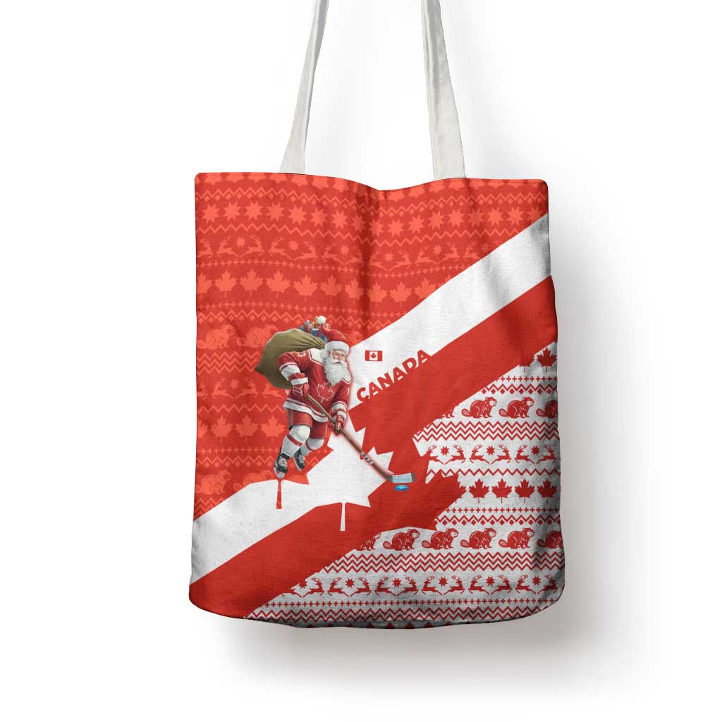 Canada Christmas Tote Bag with Santa Playing Hockey Maple Leaf Flag and Red White Knit Pattern Design - Wonder Print Shop