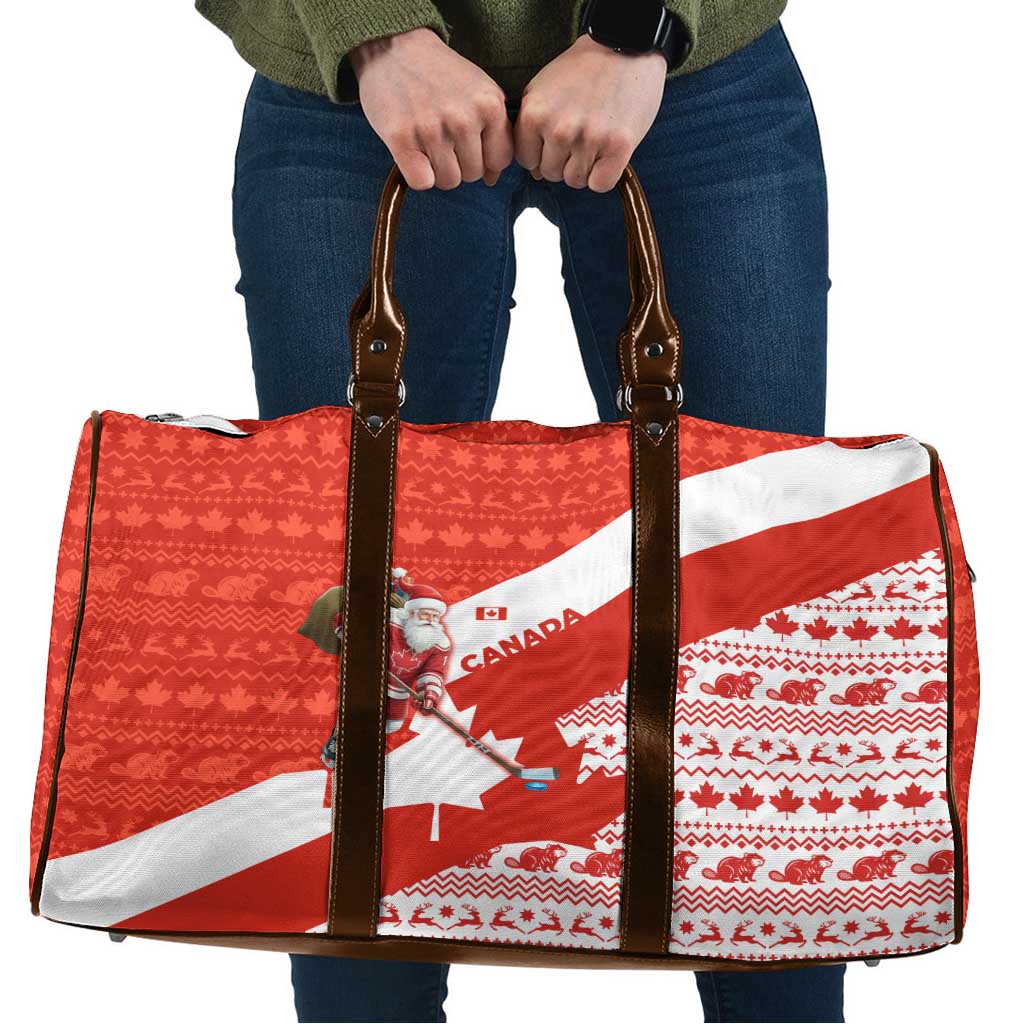 Canada Christmas Travel Bag with Santa Playing Hockey Maple Leaf Flag and Red White Knit Pattern Design - Wonder Print Shop