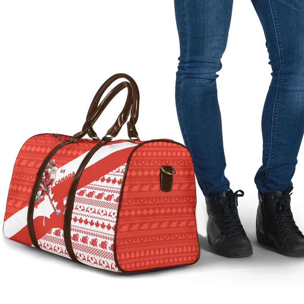Canada Christmas Travel Bag with Santa Playing Hockey Maple Leaf Flag and Red White Knit Pattern Design - Wonder Print Shop