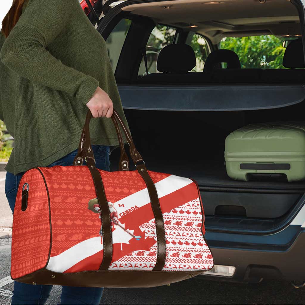 Canada Christmas Travel Bag with Santa Playing Hockey Maple Leaf Flag and Red White Knit Pattern Design - Wonder Print Shop