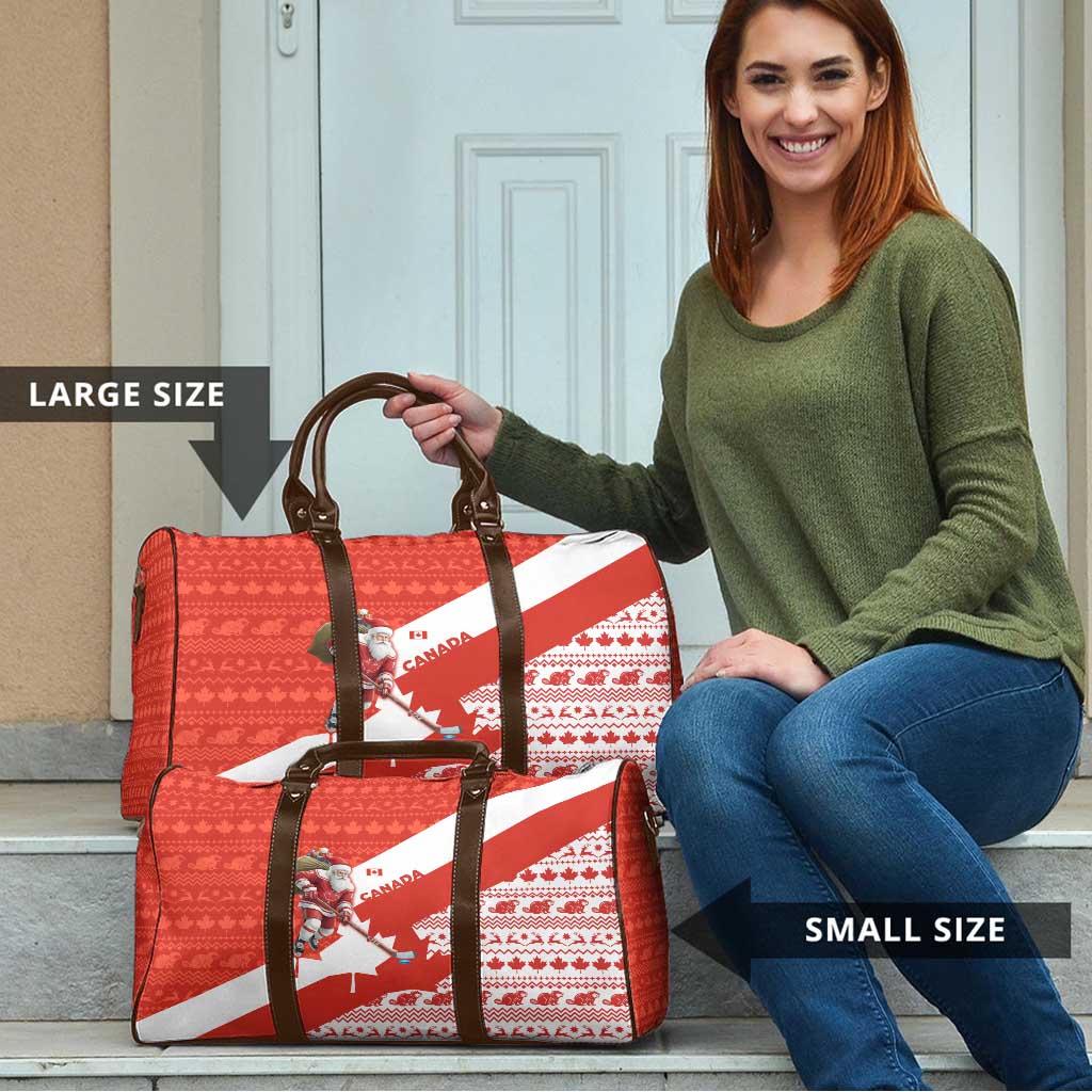 Canada Christmas Travel Bag with Santa Playing Hockey Maple Leaf Flag and Red White Knit Pattern Design - Wonder Print Shop