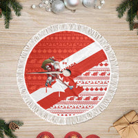 Canada Christmas Tree Skirt with Santa Playing Hockey Maple Leaf Flag and Red White Knit Pattern Design - Wonder Print Shop
