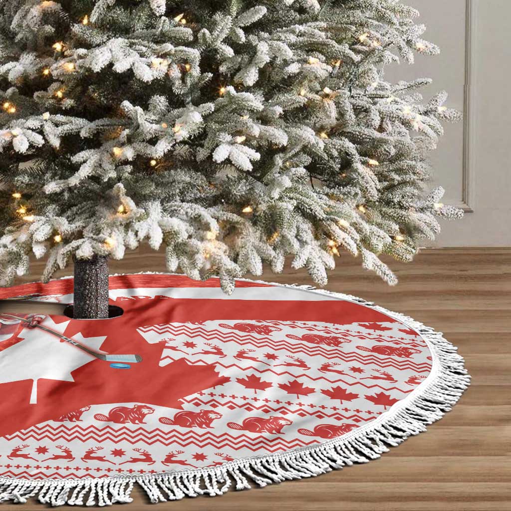 Canada Christmas Tree Skirt with Santa Playing Hockey Maple Leaf Flag and Red White Knit Pattern Design - Wonder Print Shop