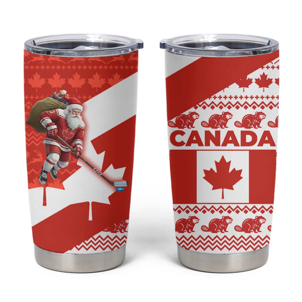 Canada Christmas Tumbler Cup with Santa Playing Hockey Maple Leaf Flag and Red White Knit Pattern Design - Wonder Print Shop