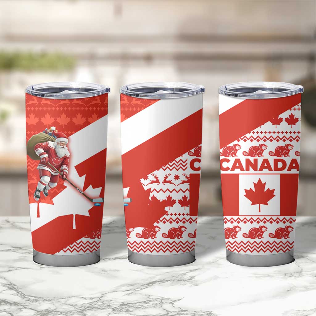 Canada Christmas Tumbler Cup with Santa Playing Hockey Maple Leaf Flag and Red White Knit Pattern Design - Wonder Print Shop
