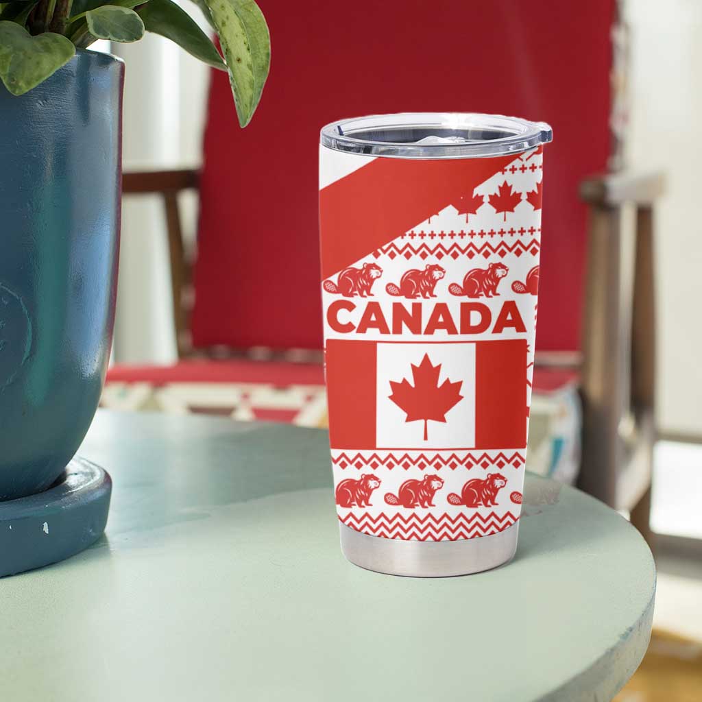 Canada Christmas Tumbler Cup with Santa Playing Hockey Maple Leaf Flag and Red White Knit Pattern Design - Wonder Print Shop