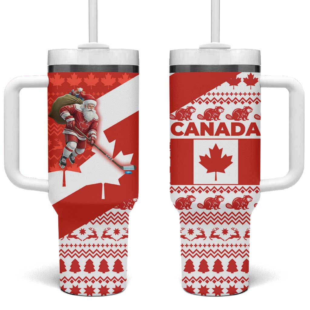 Canada Christmas Tumbler With Handle with Santa Playing Hockey Maple Leaf Flag and Red White Knit Pattern Design - Wonder Print Shop