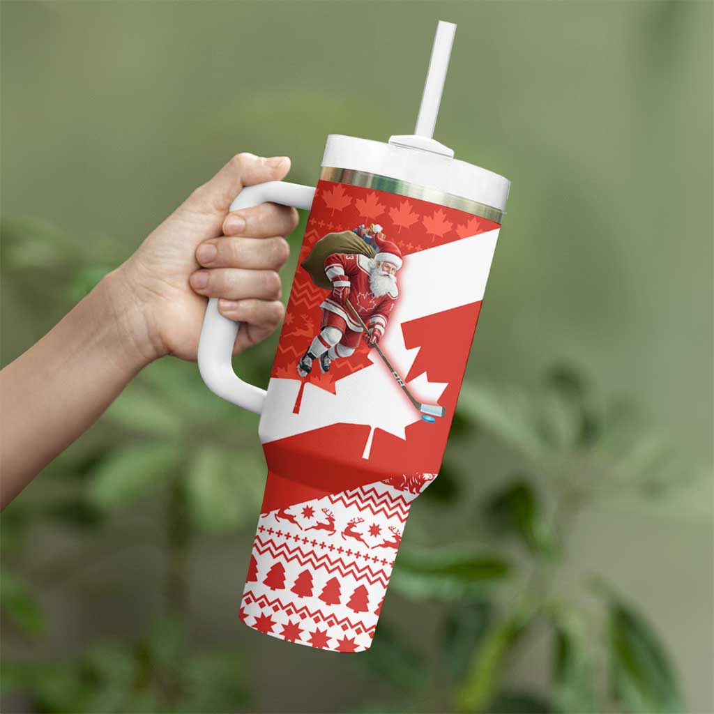 Canada Christmas Tumbler With Handle with Santa Playing Hockey Maple Leaf Flag and Red White Knit Pattern Design - Wonder Print Shop