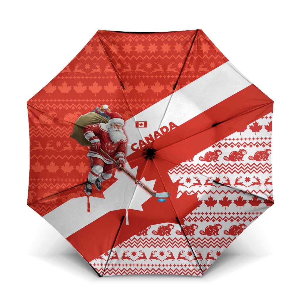 Canada Christmas Umbrella with Santa Playing Hockey Maple Leaf Flag and Red White Knit Pattern Design - Wonder Print Shop
