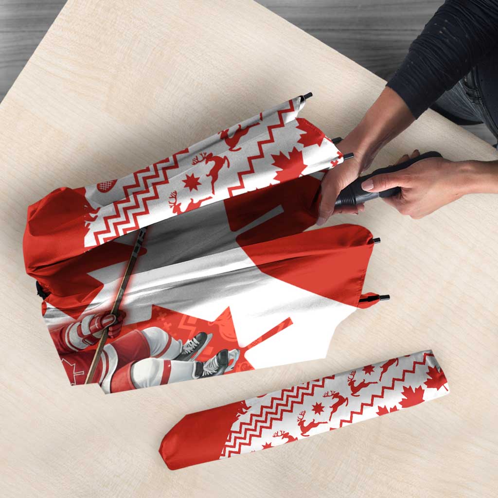 Canada Christmas Umbrella with Santa Playing Hockey Maple Leaf Flag and Red White Knit Pattern Design - Wonder Print Shop