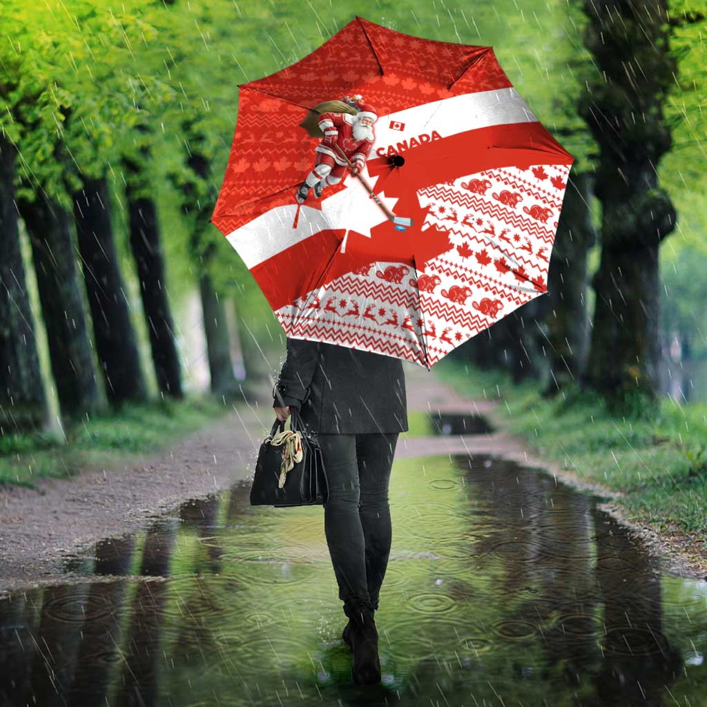 Canada Christmas Umbrella with Santa Playing Hockey Maple Leaf Flag and Red White Knit Pattern Design - Wonder Print Shop
