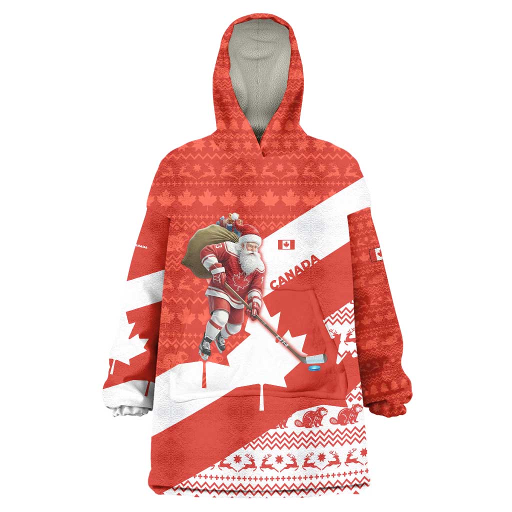 Canada Christmas Wearable Blanket Hoodie with Santa Playing Hockey Maple Leaf Flag and Red White Knit Pattern Design - Wonder Print Shop
