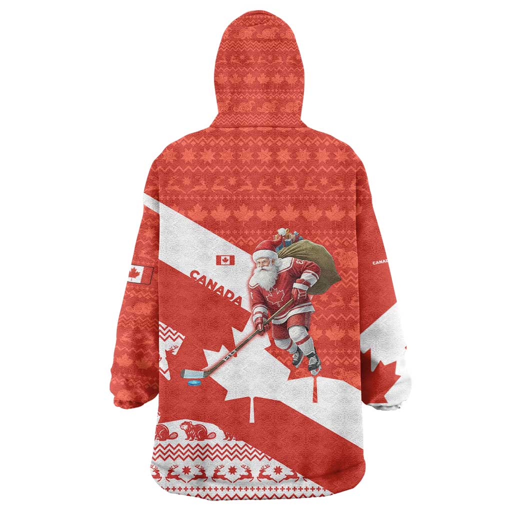 Canada Christmas Wearable Blanket Hoodie with Santa Playing Hockey Maple Leaf Flag and Red White Knit Pattern Design - Wonder Print Shop