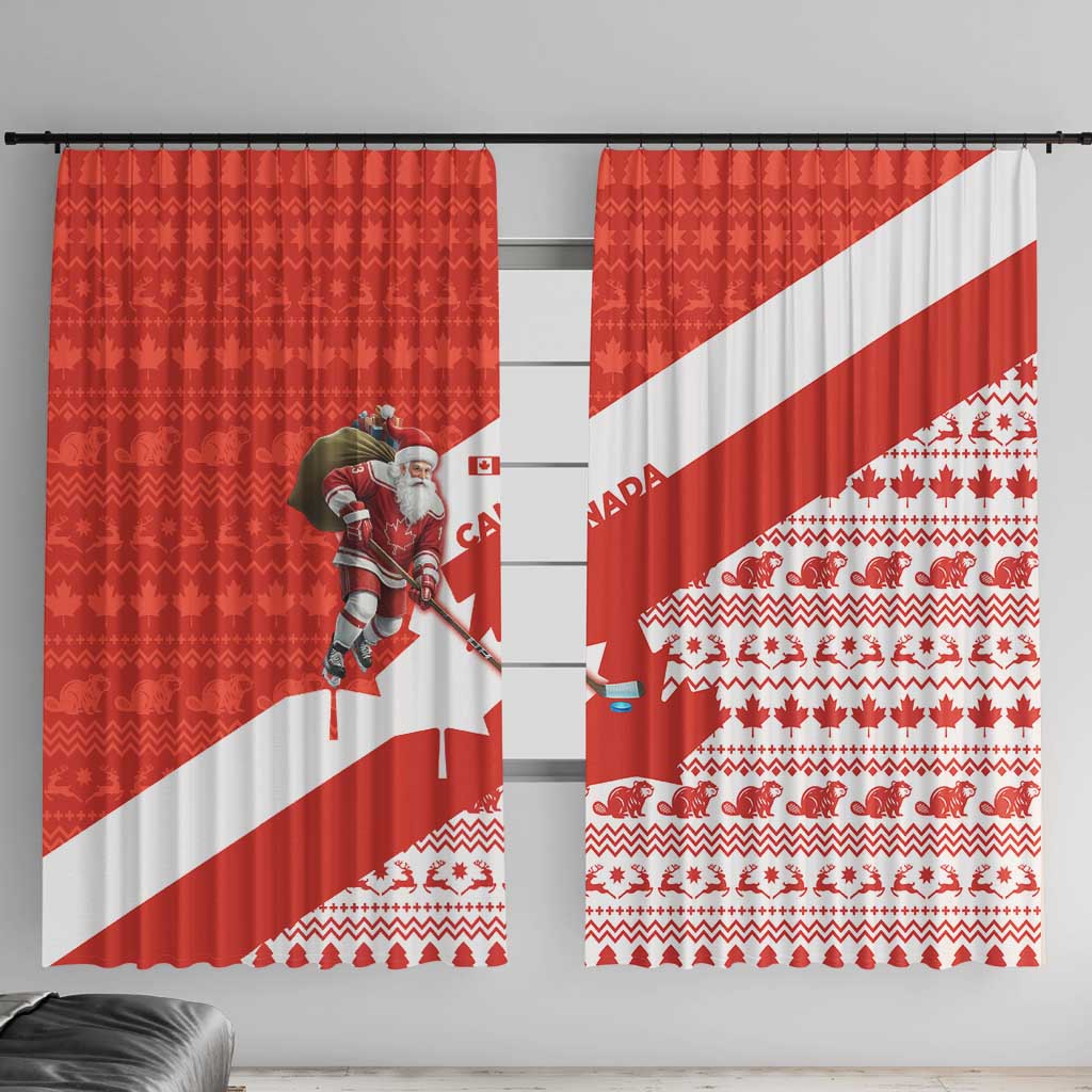 Canada Christmas Window Curtain with Santa Playing Hockey Maple Leaf Flag and Red White Knit Pattern Design - Wonder Print Shop