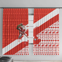 Canada Christmas Window Curtain with Santa Playing Hockey Maple Leaf Flag and Red White Knit Pattern Design - Wonder Print Shop