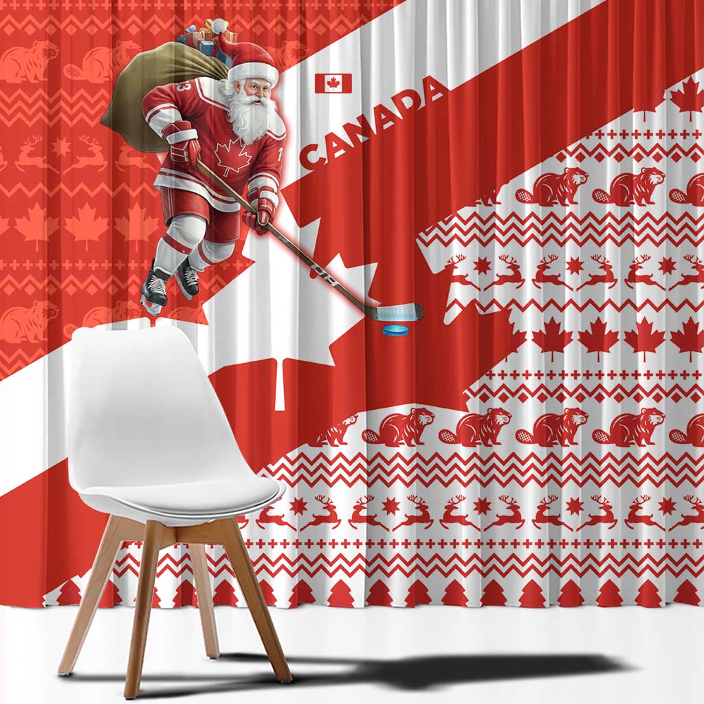 Canada Christmas Window Curtain with Santa Playing Hockey Maple Leaf Flag and Red White Knit Pattern Design - Wonder Print Shop