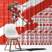 Canada Christmas Window Curtain with Santa Playing Hockey Maple Leaf Flag and Red White Knit Pattern Design - Wonder Print Shop
