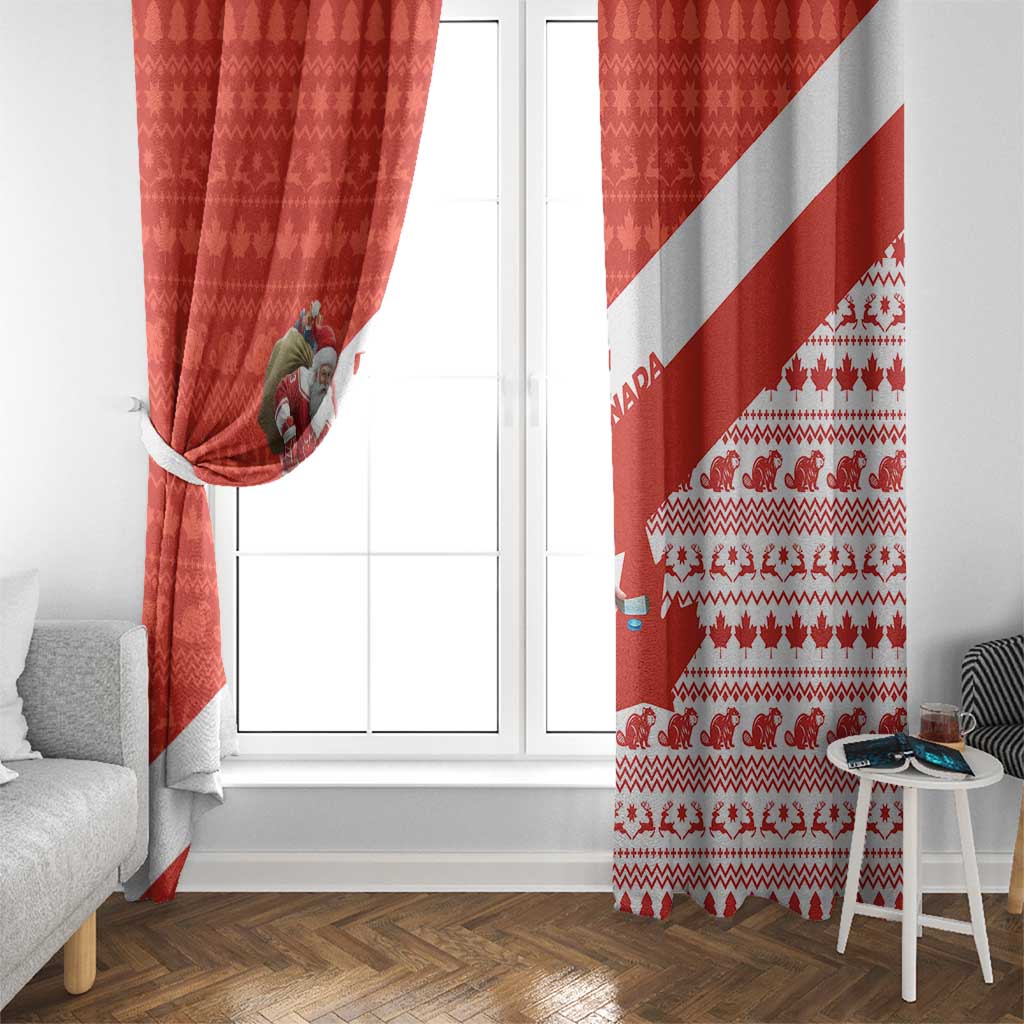 Canada Christmas Window Curtain with Santa Playing Hockey Maple Leaf Flag and Red White Knit Pattern Design - Wonder Print Shop