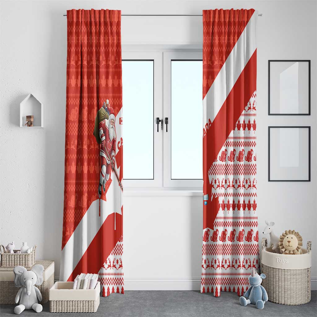 Canada Christmas Window Curtain with Santa Playing Hockey Maple Leaf Flag and Red White Knit Pattern Design - Wonder Print Shop