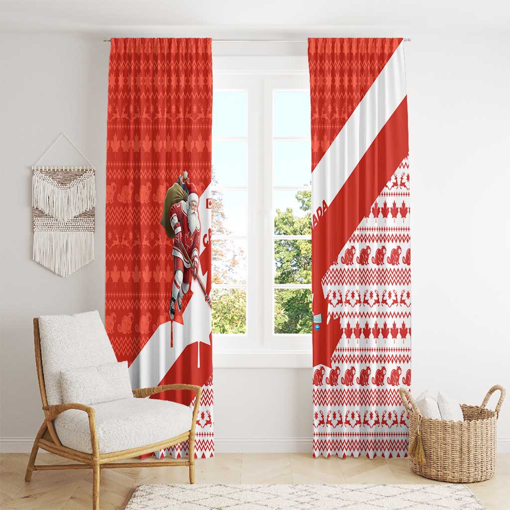 Canada Christmas Window Curtain with Santa Playing Hockey Maple Leaf Flag and Red White Knit Pattern Design - Wonder Print Shop