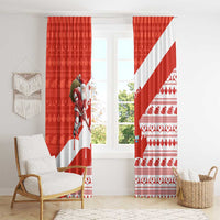 Canada Christmas Window Curtain with Santa Playing Hockey Maple Leaf Flag and Red White Knit Pattern Design - Wonder Print Shop