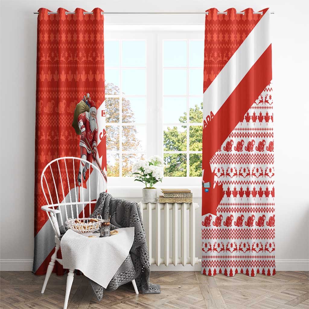Canada Christmas Window Curtain with Santa Playing Hockey Maple Leaf Flag and Red White Knit Pattern Design - Wonder Print Shop
