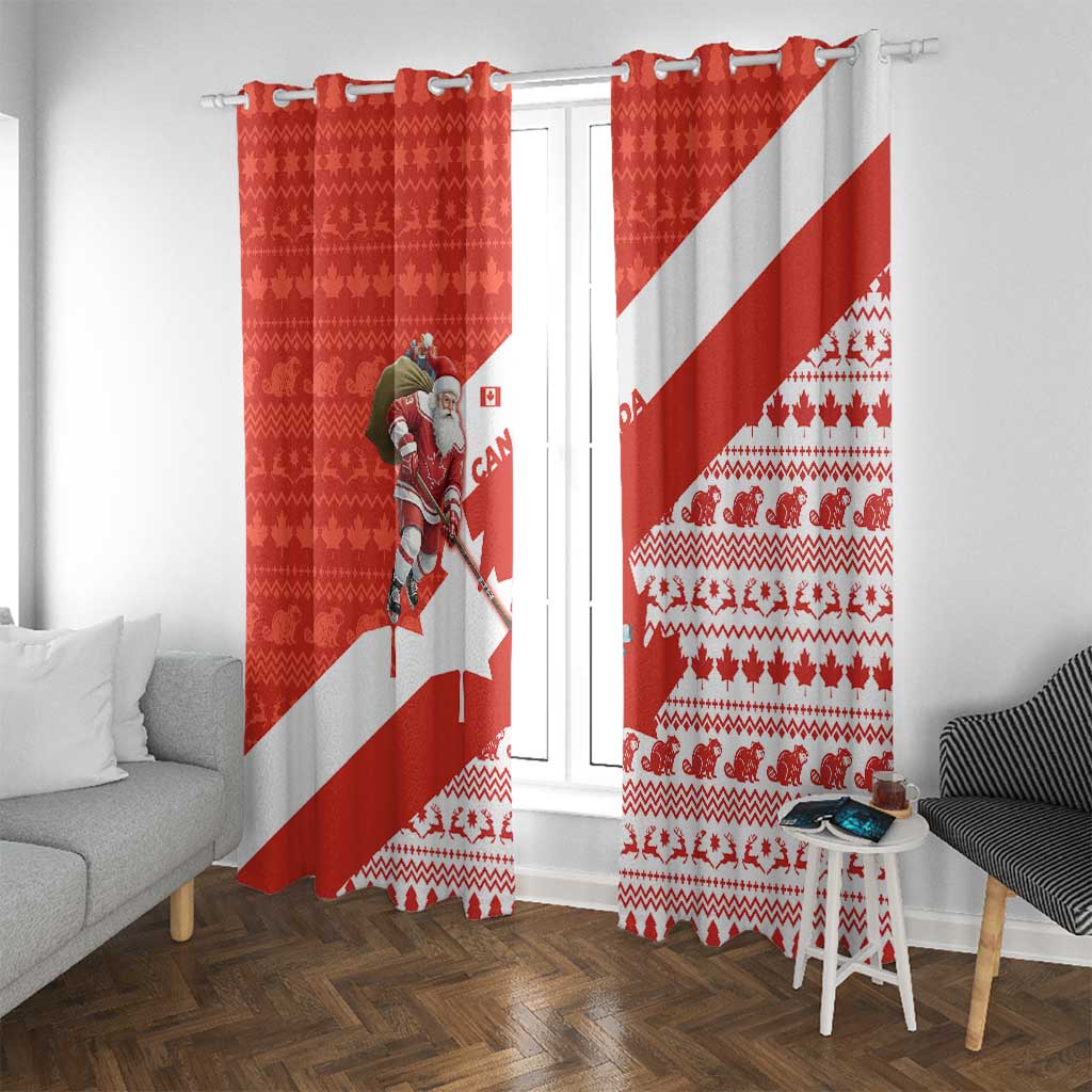 Canada Christmas Window Curtain with Santa Playing Hockey Maple Leaf Flag and Red White Knit Pattern Design - Wonder Print Shop