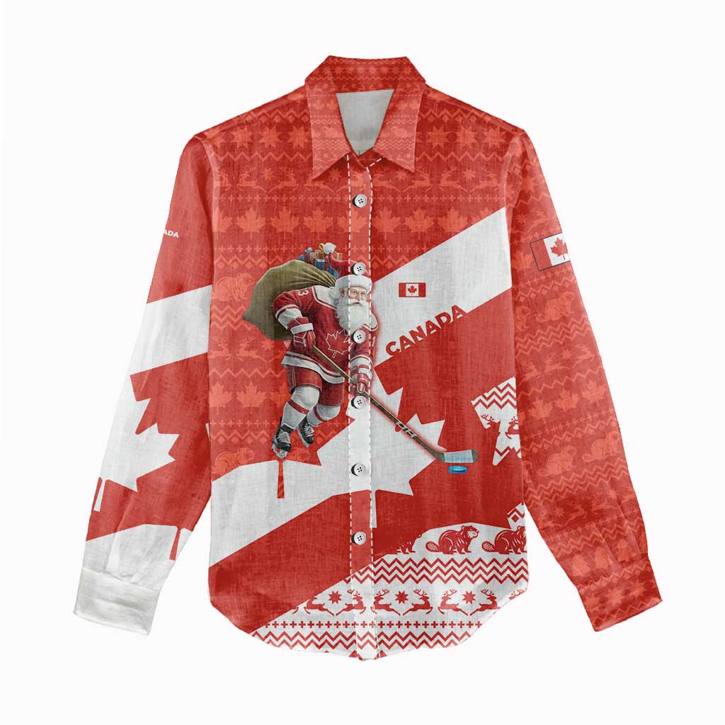 Canada Christmas Women Casual Shirt with Santa Playing Hockey Maple Leaf Flag and Red White Knit Pattern Design - Wonder Print Shop
