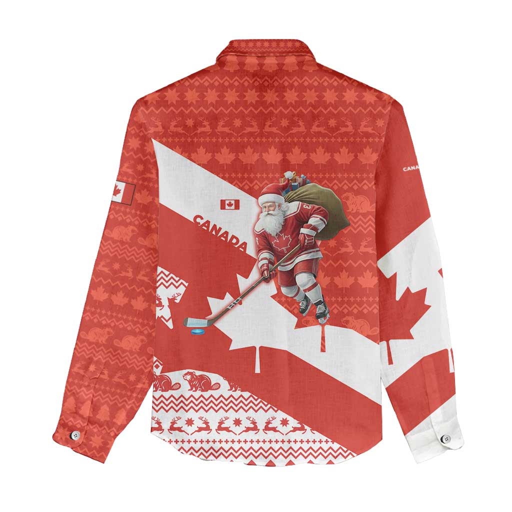 Canada Christmas Women Casual Shirt with Santa Playing Hockey Maple Leaf Flag and Red White Knit Pattern Design - Wonder Print Shop