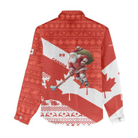 Canada Christmas Women Casual Shirt with Santa Playing Hockey Maple Leaf Flag and Red White Knit Pattern Design - Wonder Print Shop