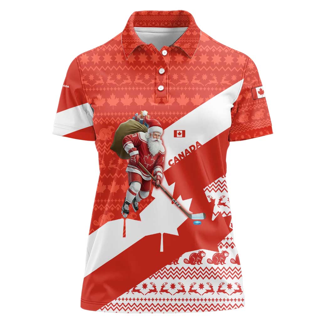 Canada Christmas Women Polo Shirt with Santa Playing Hockey Maple Leaf Flag and Red White Knit Pattern Design - Wonder Print Shop