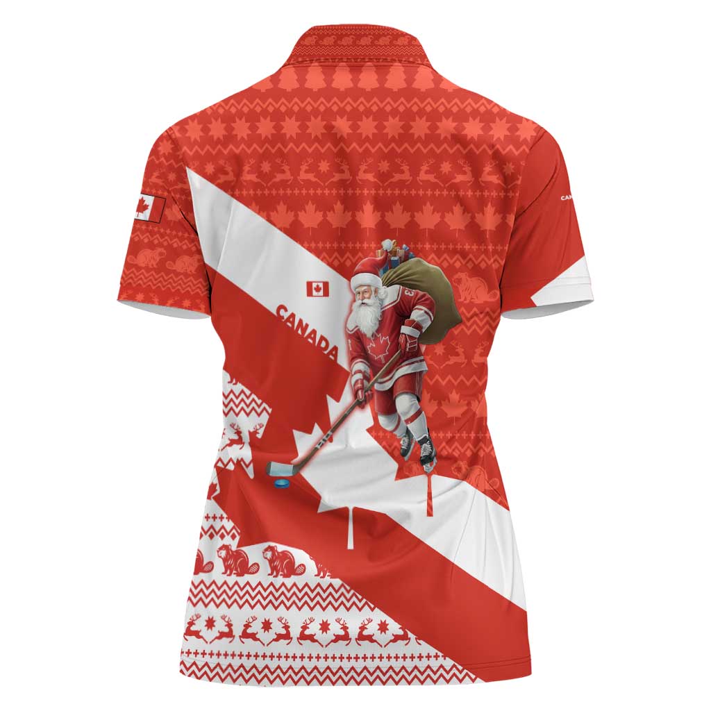 Canada Christmas Women Polo Shirt with Santa Playing Hockey Maple Leaf Flag and Red White Knit Pattern Design - Wonder Print Shop