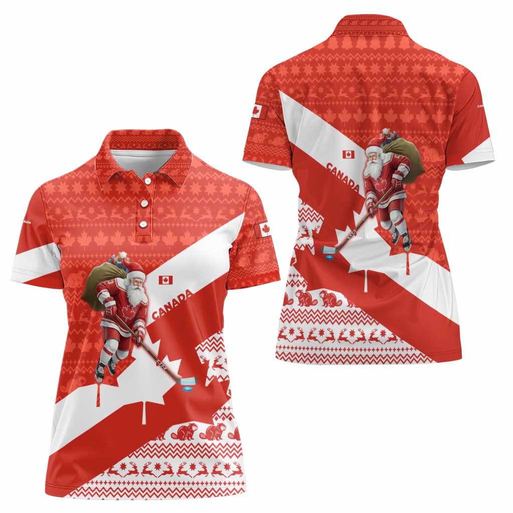 Canada Christmas Women Polo Shirt with Santa Playing Hockey Maple Leaf Flag and Red White Knit Pattern Design - Wonder Print Shop