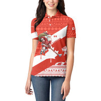 Canada Christmas Women Polo Shirt with Santa Playing Hockey Maple Leaf Flag and Red White Knit Pattern Design - Wonder Print Shop