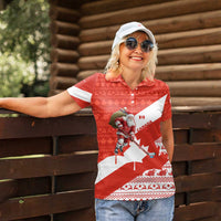 Canada Christmas Women Polo Shirt with Santa Playing Hockey Maple Leaf Flag and Red White Knit Pattern Design - Wonder Print Shop
