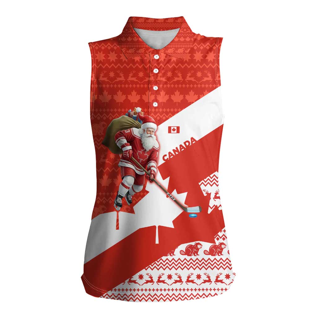 Canada Christmas Women Sleeveless Polo Shirt with Santa Playing Hockey Maple Leaf Flag and Red White Knit Pattern Design - Wonder Print Shop