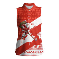 Canada Christmas Women Sleeveless Polo Shirt with Santa Playing Hockey Maple Leaf Flag and Red White Knit Pattern Design - Wonder Print Shop