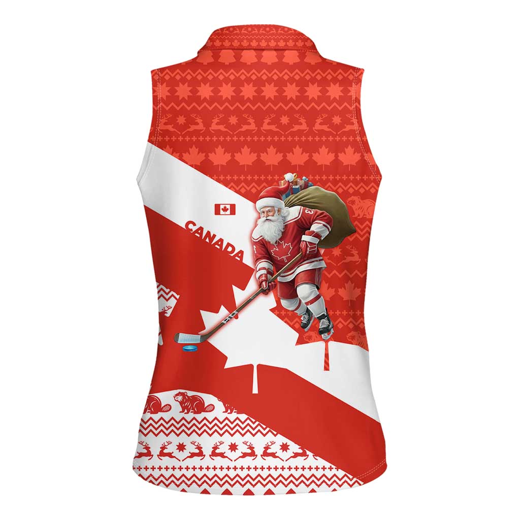 Canada Christmas Women Sleeveless Polo Shirt with Santa Playing Hockey Maple Leaf Flag and Red White Knit Pattern Design - Wonder Print Shop