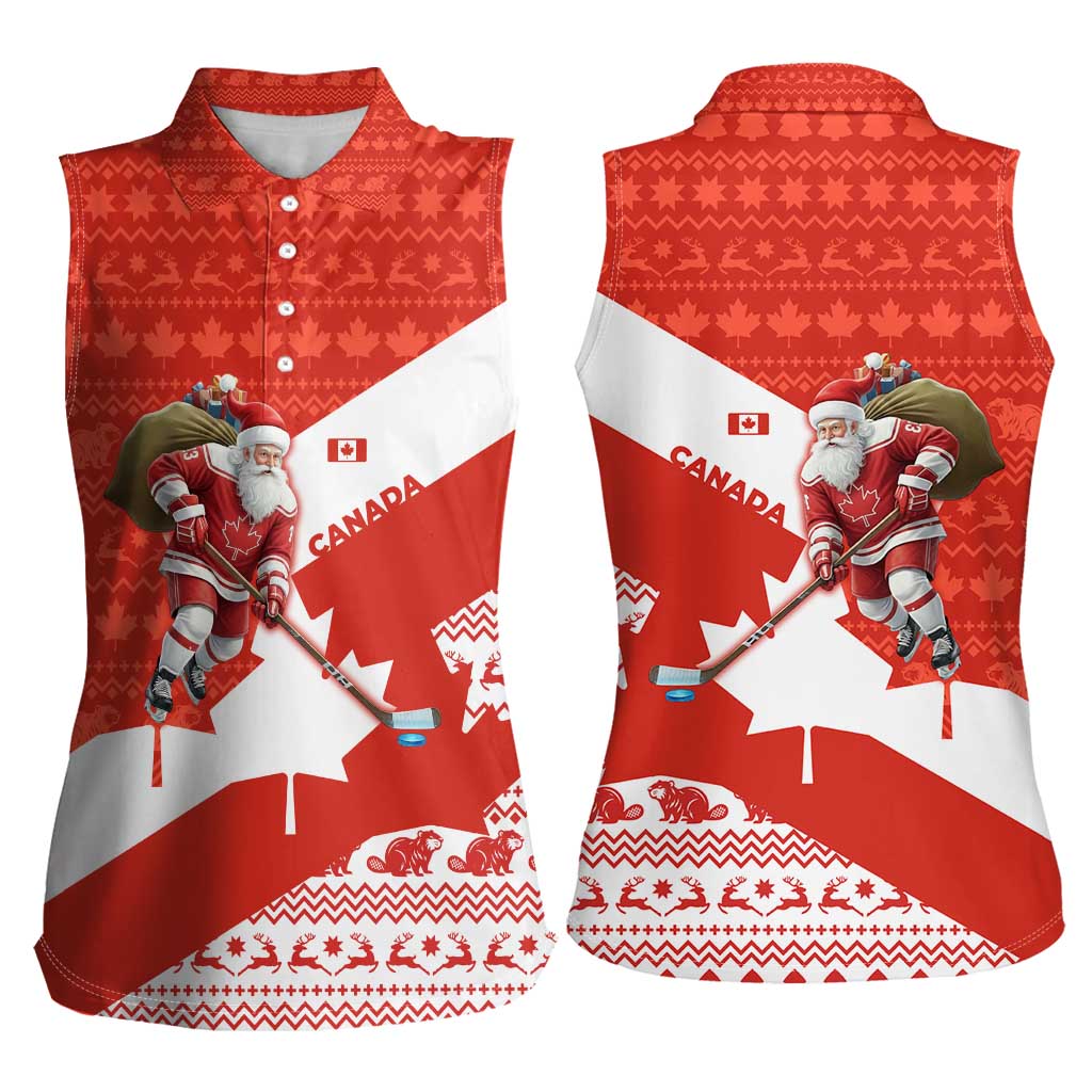 Canada Christmas Women Sleeveless Polo Shirt with Santa Playing Hockey Maple Leaf Flag and Red White Knit Pattern Design - Wonder Print Shop