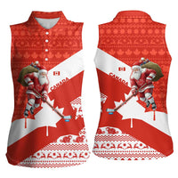 Canada Christmas Women Sleeveless Polo Shirt with Santa Playing Hockey Maple Leaf Flag and Red White Knit Pattern Design - Wonder Print Shop