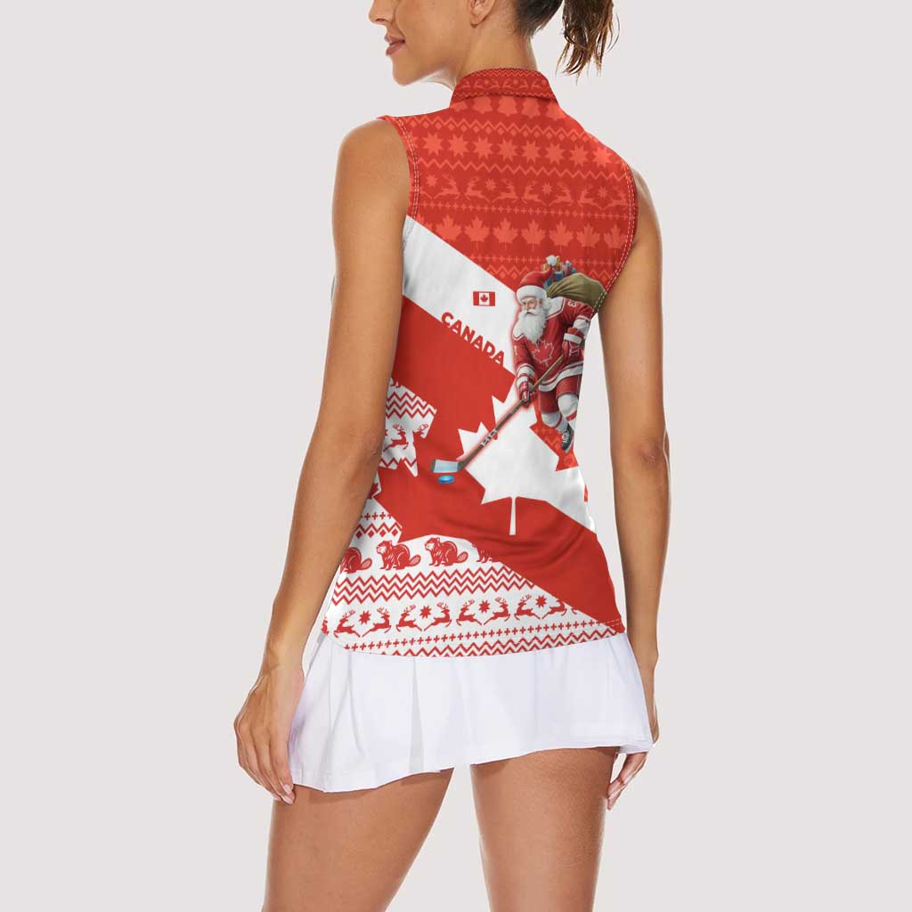 Canada Christmas Women Sleeveless Polo Shirt with Santa Playing Hockey Maple Leaf Flag and Red White Knit Pattern Design - Wonder Print Shop