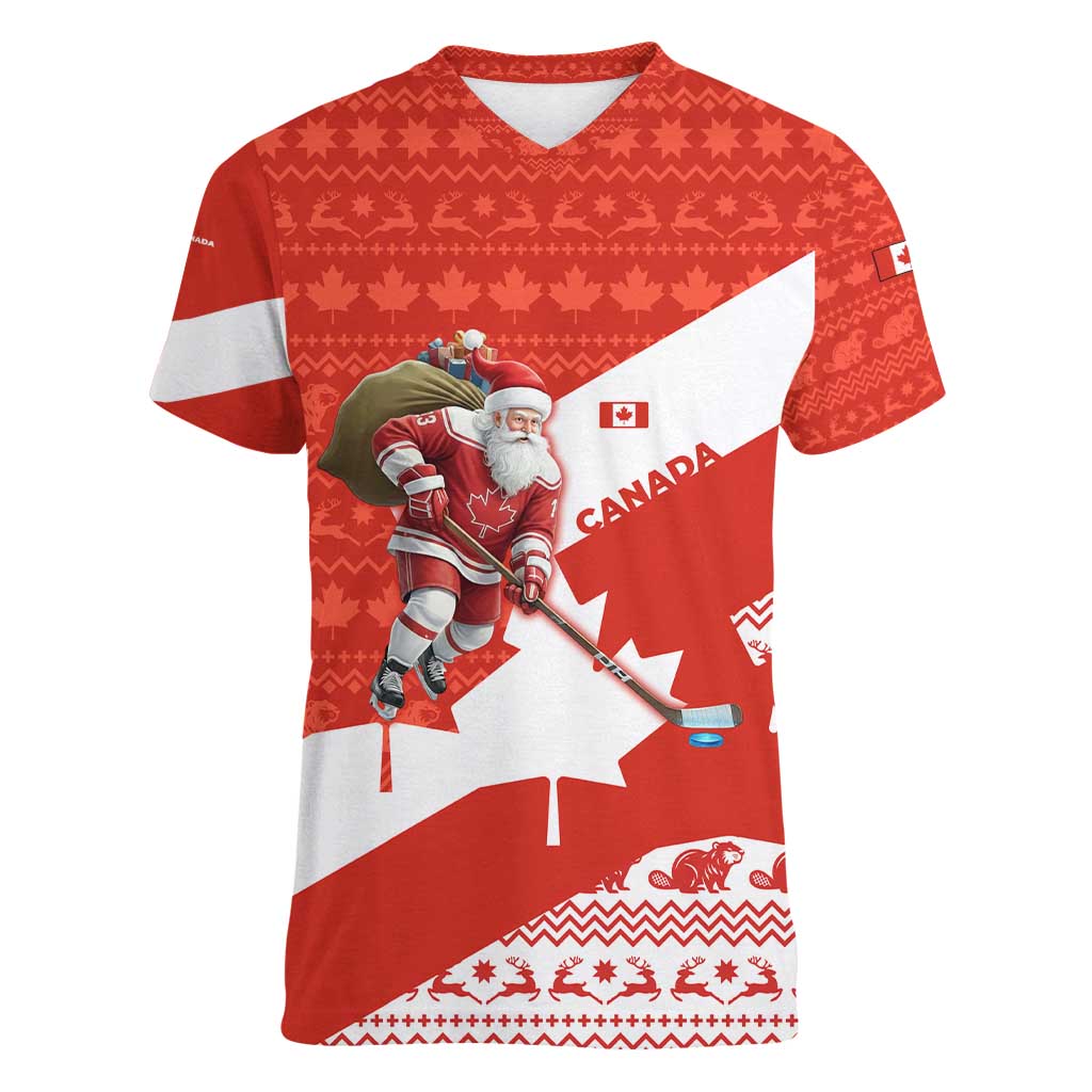 Canada Christmas Women V-Neck T-Shirt with Santa Playing Hockey Maple Leaf Flag and Red White Knit Pattern Design - Wonder Print Shop