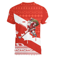 Canada Christmas Women V-Neck T-Shirt with Santa Playing Hockey Maple Leaf Flag and Red White Knit Pattern Design - Wonder Print Shop