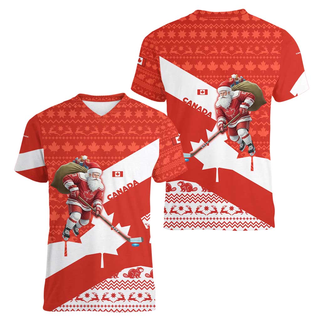 Canada Christmas Women V-Neck T-Shirt with Santa Playing Hockey Maple Leaf Flag and Red White Knit Pattern Design - Wonder Print Shop