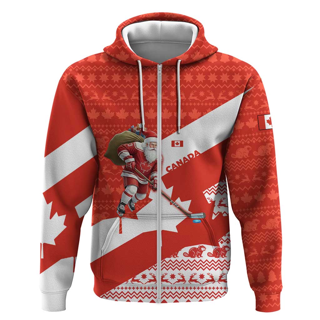 Canada Christmas Zip Hoodie with Santa Playing Hockey Maple Leaf Flag and Red White Knit Pattern Design - Wonder Print Shop
